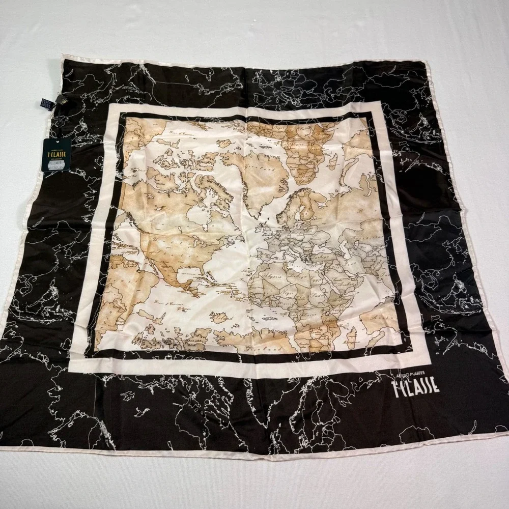 Alviero Martini 1A Classe Scarf OS Brown Geo Map Print 100% Silk Made in Italy